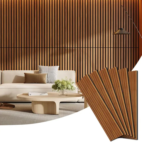 Miniatura 10 de Paquete de 4 paneles de madera para pared, 94.4 x 12.8 pulgadas, paneles de pared de listones de madera acústica para decoración de interiores