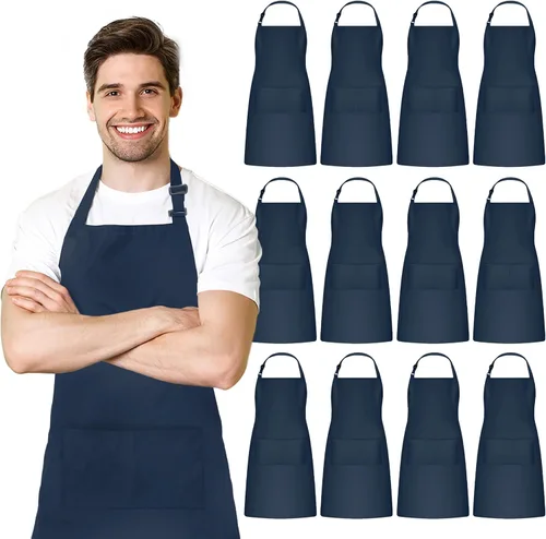 Adjustable Bib Apron 100% Polyester Kitchen Aprons Waterdrop Resistant Aprons with Adjustable Strap, Pockets & Long Ties Azul marino