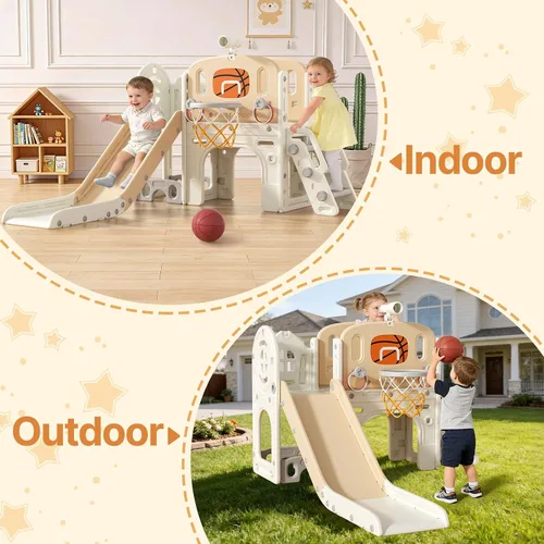 Miniatura 5 de BIERUM - Tobogán para niños pequeños 9 en 1, tobogán para bebés de 1 a 3 años con juego de anillos, aro de baloncesto y telescopio, juego de parque