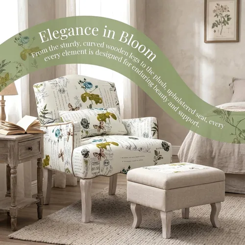 Miniatura 3 de Shunzhi Sillas decorativas florales estilo granja, tapizadas, silla de lectura, moderna de mediados de siglo, sofá individual con almohada