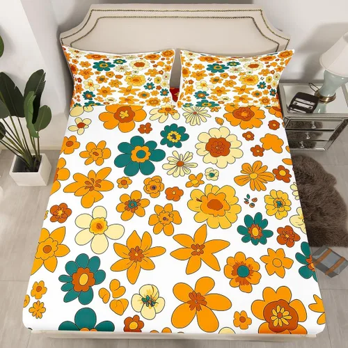 Sábana bajera ajustable de flores retro de los años 70, juego de ropa de cama vintage con estampado floral otoñal, elástico para decoración de Color