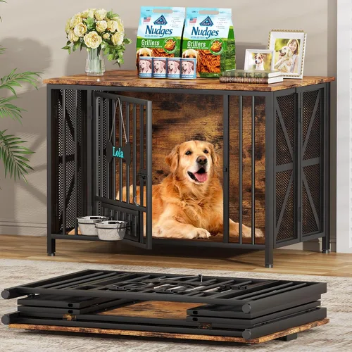 EasyCom Muebles de Jaula Plegable Grande para Perros, 41.3" Jaulas Sin Montaje para Perros Grandes, Perrera de Madera para Interiores con Etiqueta y