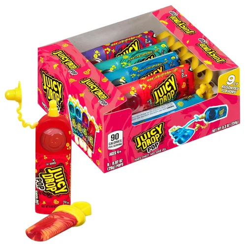Juicy Drop Paletas de caramelo ácido, 9 unidades de paletas dulces con gel agrio en varios sabores afrutados, tamaño completo, paquete variado de