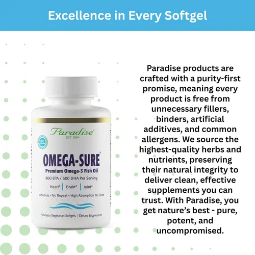 Miniatura 3 de Paradise Herbs Omega-Sure, concentrado de omega-3, aceite de pescado premium, DHA, EPA, vegano, sin OMG, sin gluten, 60 cápsulas blandas vegetarianas