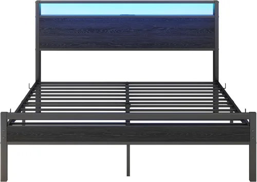 Miniatura 8 de BOFENG Base de cama Queen con cabecera de almacenamiento, marco de cama de plataforma de metal tamaño Queen con luces LED, estación de carga,