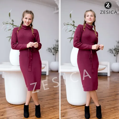 Miniatura 53 de ZESICA - Vestido por debajo de la rodilla de suéter, de cuello alto, para mujer, de manga larga, de punto acanalado, con abertura y cinturón