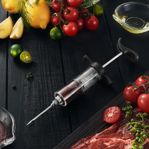 Miniatura 2 de JY COOKMENT Jeringa para inyector de carne, inyector de sabor marinado de 1 onza con 2 agujas profesionales, 1 cepillo de limpieza (negro)