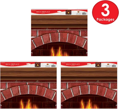 Miniatura 4 de Beistle Chimenea de ladrillo de pie, paquete de 3 unidades, decoración rústica para fiestas de Navidad, fondo de fuego sintético agrietado