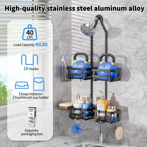 Miniatura 5 de GAOKASE Organizador de ducha de aluminio para colgar, nunca se oxida, 4 niveles con altura ajustable, 10 ganchos para maquinilla de afeitar/esponja