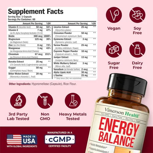 Miniatura 3 de Vanadio con cromo. Suplementos de apoyo de glucosa en sangre. Suplemento de cromo vanadio para apoyo energético y metabolismo sin cafeína. Con ácido