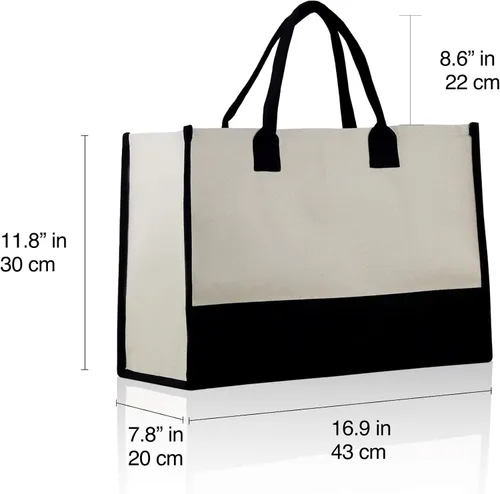 Miniatura 6 de Personalized Gift Monogram Initial 100% Cotton Two Tone Chic Tote Bag with Customize Option - Black