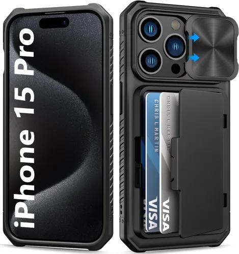 BXYJY Funda tipo cartera para iPhone 15 Pro con tarjetero (4-5 tarjetas) y cubierta deslizante para cámara y soporte, protección contra caídas de