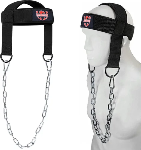 FIGHTSENSE Arnés para el cuello con correa acolchada ajustable con cadena de acero, arnés de cabeza de levantamiento de pesas para ejercicio de