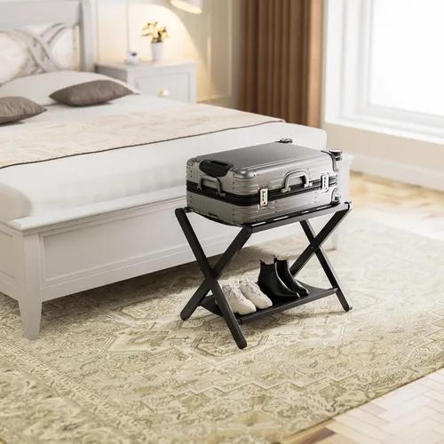 Miniatura 8 de HITNET Portaequipajes para habitación de invitados, soporte de maleta plegable, soporte de equipaje de hotel de bambú con estante de almacenamiento