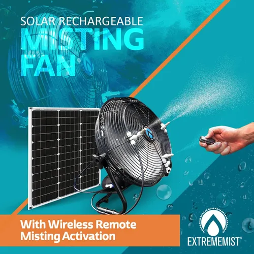 Miniatura 4 de EXTREMEMIST Ventilador de nebulización solar de 14 pulgadas Pro - 4 boquillas de niebla, panel solar de 30 W Bomba desmontable con línea