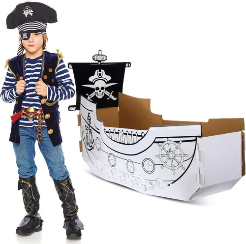 Eaasty Colorear barco pirata de cartón, barco de cartón, casa de juegos para niños, manualidades, bricolaje, niños grandes, casa de juegos al aire