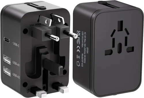 Adaptador de enchufe de viaje con 2 USB A+1 USB C, adaptador de viaje universal todo en uno, convertidores de corriente, cargador de pared,