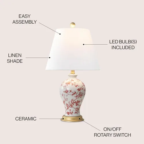 Miniatura 3 de JONATHAN Y JYL3009C Grace 24" lámpara de mesa LED de cerámica/hierro estilo cabaña francesa, floral, estilo campo, blanco/rojo para recámara, sala