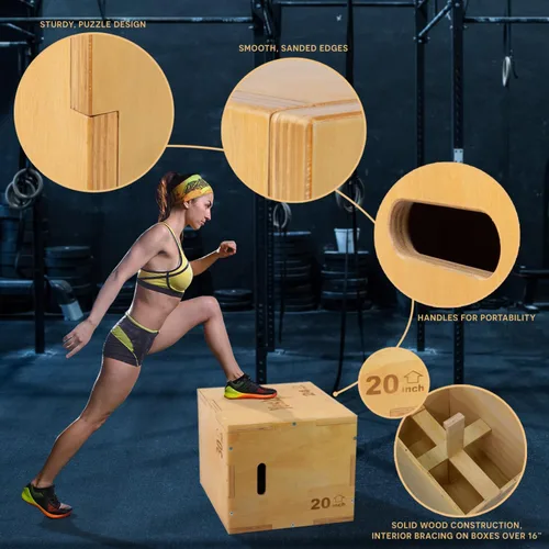 Miniatura 4 de Yes4All Caja pliométrica de madera, caja de saltos 3 en 1 para gimnasio en casa (12/14/16 in), cajas de 450 lbs para subir con bordes lisos y asas