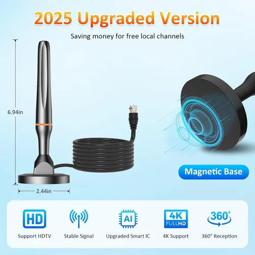 Miniatura 4 de Antena de TV digital para Smart Tv Antena de TV interior para TV sin cable con base magnética fuerte, antena HDTV de recepción de 360°