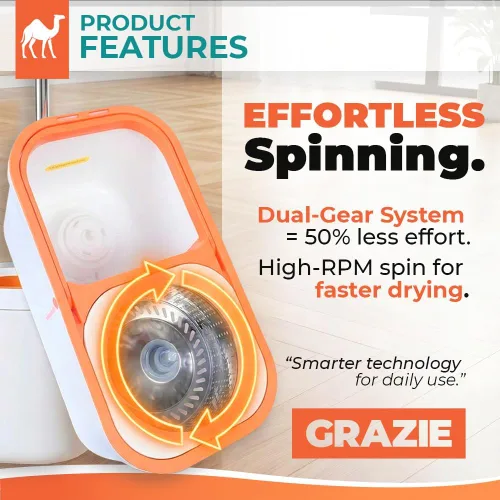 Miniatura 3 de Grazie Juego de trapeador giratorio y cubeta – Sistema de autoescurriente de 360°, mango de acero inoxidable – Limpieza de suelos manos libres