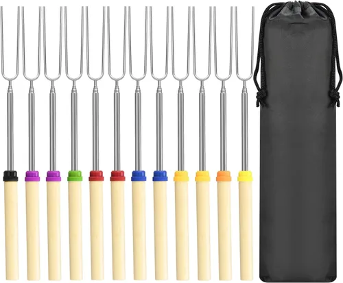 Miniatura 10 de Juego de 5 palitos para asar malvaviscos, brochetas extensibles de metal de 32 pulgadas de largo con mango de madera, para malvavisco, perros