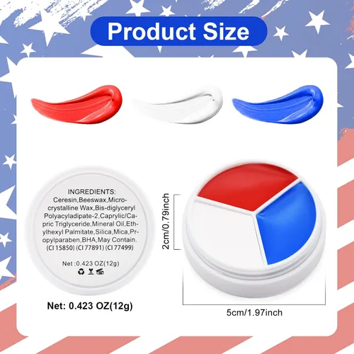 Pintura facial y corporal roja, blanca y azul, bandera estadounidense de Estados Unidos, paleta de pintura facial de 3 colores para eventos