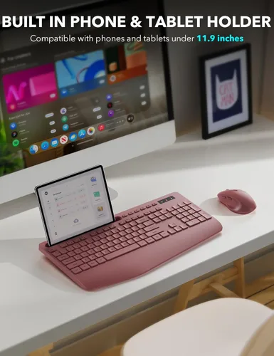 Miniatura 3 de Combo de teclado y ratón inalámbrico - Teclado ergonómico de tamaño completo con reposa muñecas, soporte para teléfono, modo de suspensión, combo