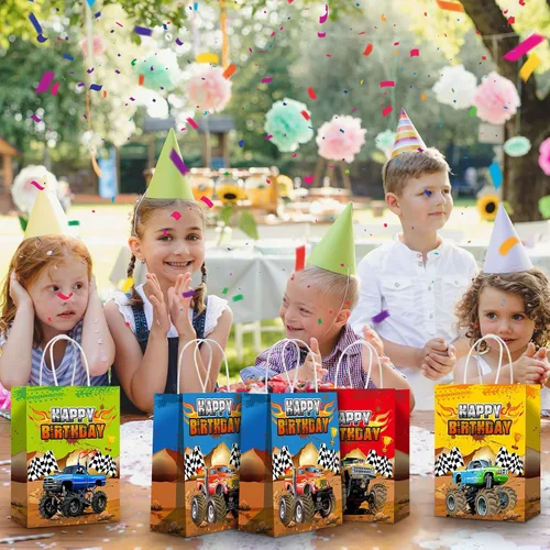 Miniatura 5 de Pajean 16 bolsas de regalo de fiesta de camiones de monstruos, camiones de carreras, regalo de papel, bolsas de dulces para suministros temáticos