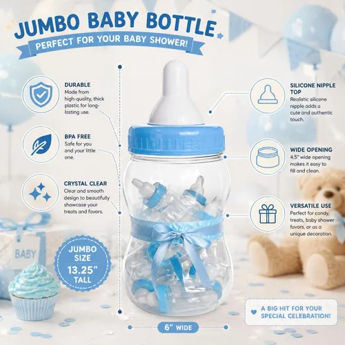 Miniatura 3 de Evershine Banco de biberones de plástico, banco de ducha de bebé rellenable azul de 13 pulgadas, centro de mesa de botella de plástico Jumbo Baby