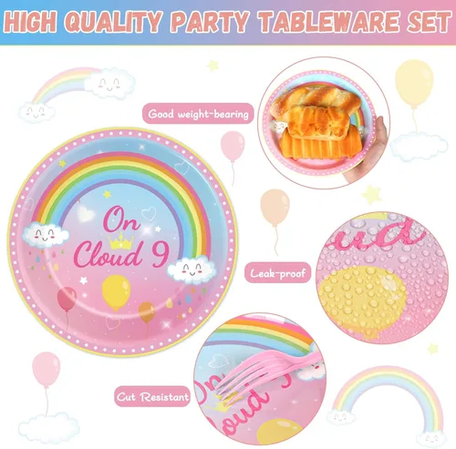 Miniatura 3 de 96 piezas de decoraciones de cumpleaños de On Cloud 9 para niñas, suministros de platos y servilletas de fiesta On Cloud 9, juego de vajilla
