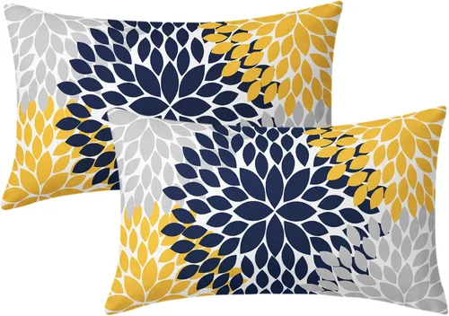 Kawani Juego de 2 fundas de almohada de 12 x 20 pulgadas, diseño geométrico floral de dalia gris, juego de 2 elegantes almohadas lumbares de flores