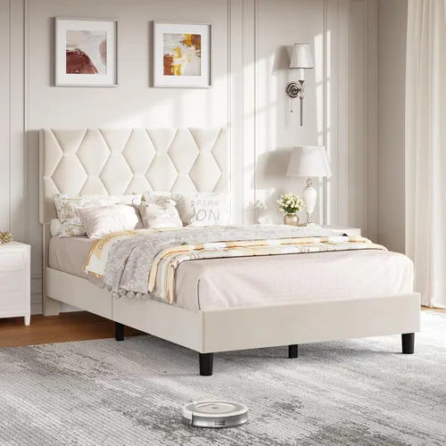 Miniatura 15 de GarveeHome Base de cama Twin XL beige con cabecera tapizada, base de cama de plataforma resistente con cabecera ajustable, soporte fuerte