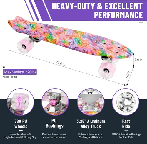 Miniatura 3 de BELEEV Patinetas de 22 pulgadas para niños, patineta cruiser para principiantes, niños, niñas, adolescentes y adultos, patinetas mini clásicas Rosa