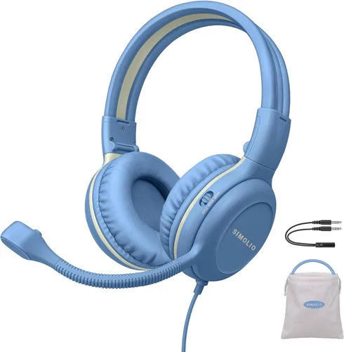 Miniatura 12 de SIMOLIO Audífonos para niños con micrófono para la escuela, auriculares con cable de 75/85/94 dB con micrófono retráctil para iPad, PC, laptop