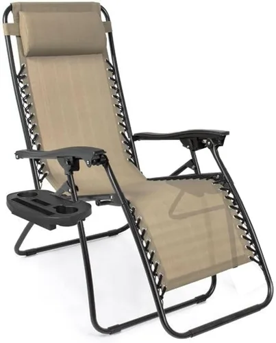 Sillón ajustable de gravedad cero con tela de malla de acero: silla de césped reclinable con almohada cómoda, bandeja portavasos, y posiciones Beige