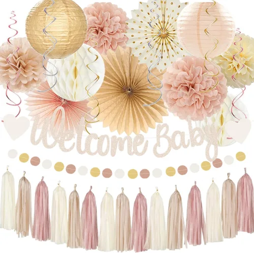 Decoración bohemia de fiesta de baby shower color champán dorado - Cartel de bienvenida para bebé con linternas de papel neutro, guirnalda de borlas