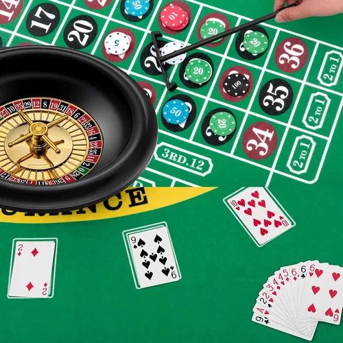Miniatura 4 de Lunmon Casino Night - Juego completo 4 en 1, 2 alfombrillas de diseño de fieltro de doble cara, rueda de ruleta de 10 pulgadas, 200 fichas