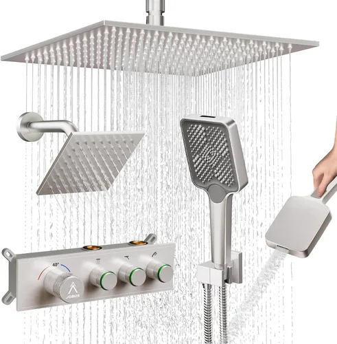 Miniatura 25 de Sistema de Ducha Moderno de Lluvia de Latón Juego de Grifería con Válvula y Desviador Mezclador de Ducha con Ducha de Mano de Alta Presión Regadera