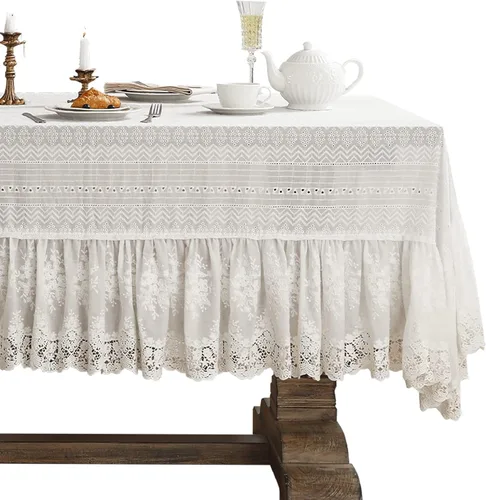 patdrea Mantel de encaje blanco vintage, mantel bordado de algodón con volantes para mesa rectangular, elegante decoración de tela rústica para