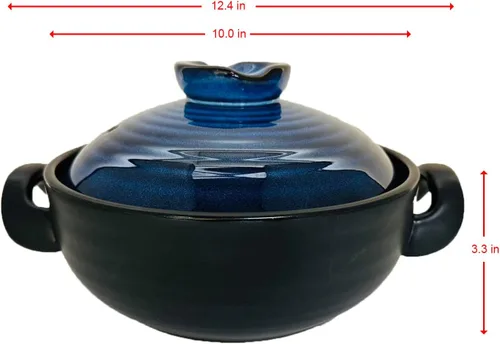 Miniatura 4 de Olla de cerámica y arcilla, donabe japonés, cazuela china/olla de tierra, olla de cocina con tapa, vapor pequeño, azul, 2.6 cuartos de galón