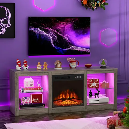 Miniatura 12 de BREEZEHEAT - Soporte de TV con chimenea eléctrica de 58 pulgadas para televisor de 65" - Centro de entretenimiento con chimenea de 18" y luz LED