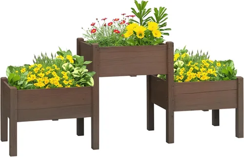 Miniatura 13 de Outsunny Cama de Jardín Elevada con 3 Jardineras, Soporte de Plantas de Madera con Orificios de Drenaje, para Verduras, Hierbas y Flores, Gris