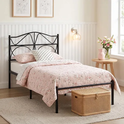 Miniatura 3 de VECELO Base de cama de plataforma de metal tamaño individual con cabecera y estribo, base de colchón de soporte de listones resistentes, no necesita