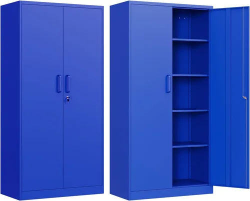 Gabinete de almacenamiento de metal para garaje, gabinete de almacenamiento con bloqueo de 71 pulgadas con 2 puertas y 4 estantes ajustables, Azul