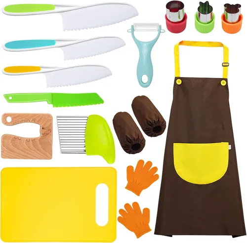 14 piezas de juego de cuchillos para niños pequeños, juego de cuchillos para niños incluye cuchillo seguro para niños de madera, cuchillo para niños