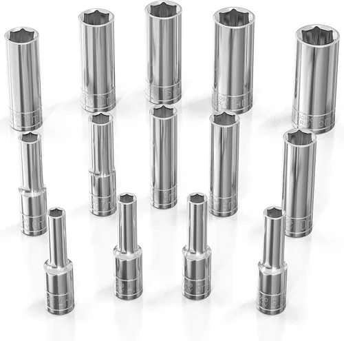 Miniatura 16 de Olsa Tools Juego de llaves profundas SAE - 1/4 pulgadas, 13 piezas - 6 puntas cromadas de 1/8" a 5/8" y tamaños sin saltos - Juego de llaves de vaso