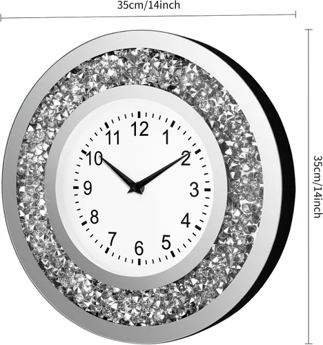 Miniatura 2 de Reloj de pared con espejo de diamante triturado de cristal de 14 pulgadas, reloj de pared brillante brillante plateado para sala de estar