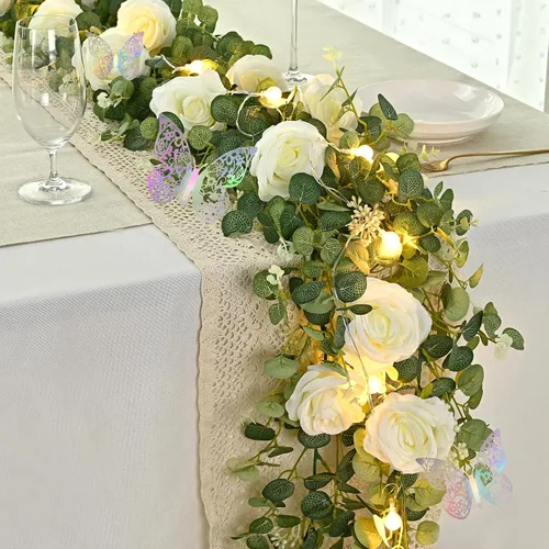 Miniatura 8 de Yastouay 2 guirnaldas de flores de 13.4 pies con mariposa, guirnalda de eucalipto artificial con flores de champán, rosa falsa de camelia