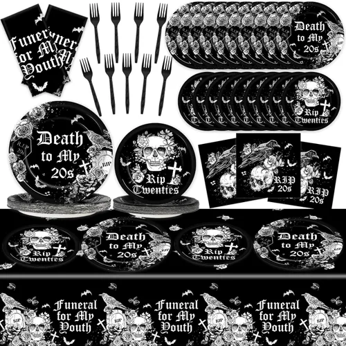 Qyeahkj Juego de vajilla de 102 piezas de Death to My 20s desechable, platos de papel negro con diseño de rasgaduras a mis 20, servilletas, mantel,